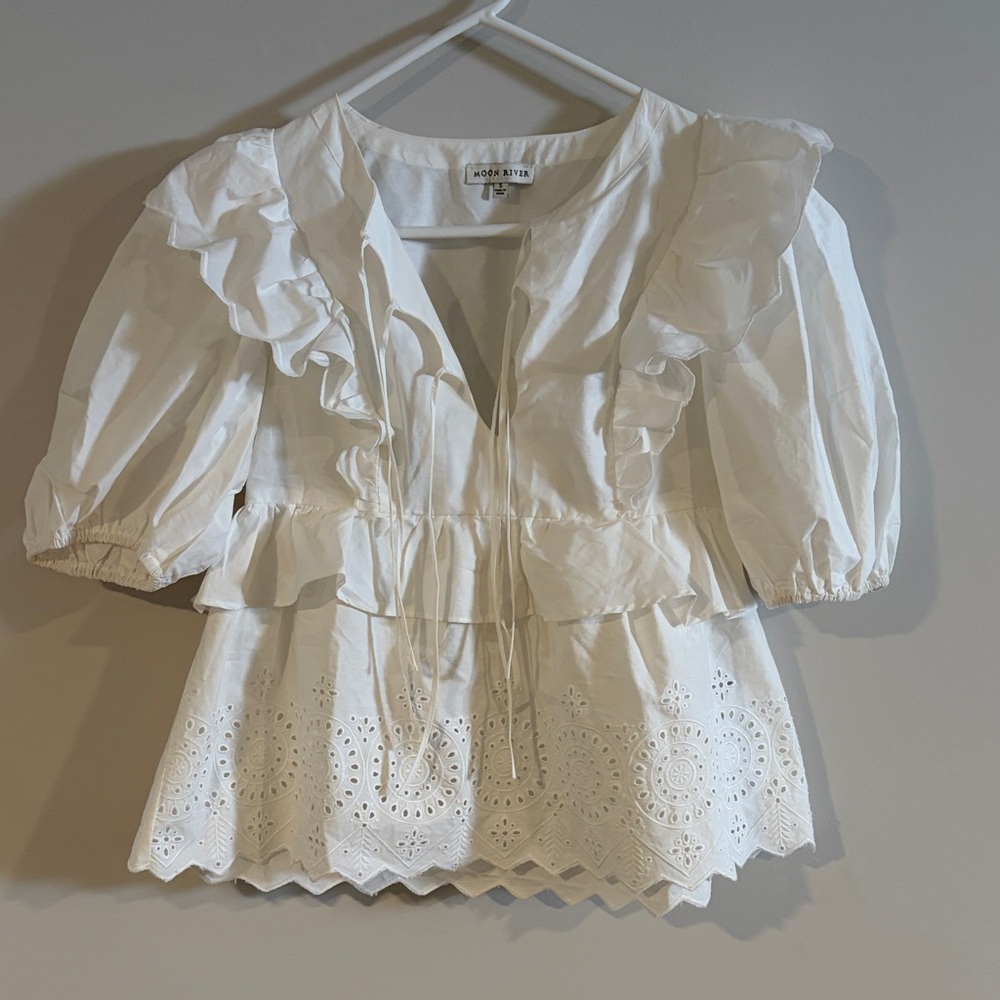 Moon River Puff Sleeve Eyelet Top with Front Ties
